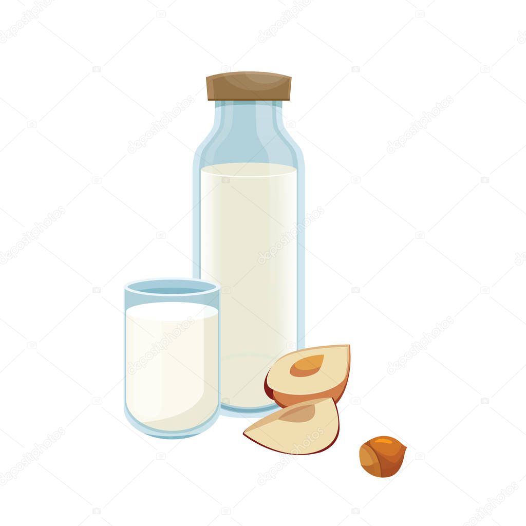 Hazelnut milk in a glass bottle. Healthy lifestyle. Hazelnut vegan milk in a bottle. Vector.