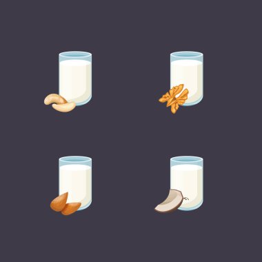 Vektör illüstrasyon vegan süt seti, simgeler toplama, vejetaryen veya bitki bazlı süt ile şişeler. Hindistan cevizi, badem, kaju ve ceviz sütü karikatür düz tarzı.