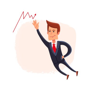 İşadamı büyürken okunu izliyor. Büyüyen pazar trendi. Borsa. Vektör.