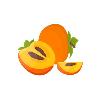 Parlak vektör dilimi ve sulu hurmuzun tamamı. Taze karikatür hurmon beyaz arka plan üzerinde izole. Vektör.