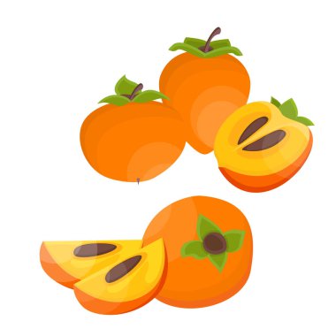 Parlak vektör dilimi ve sulu hurmuzun tamamı. Taze karikatür hurmon beyaz arka plan üzerinde izole. Vektör.