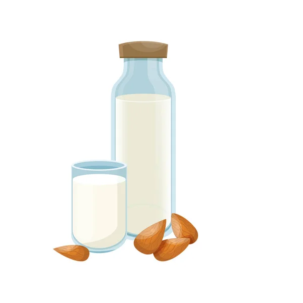 Almond milk in a glass bottle. Healthy lifestyle. Vegetable milk. Almond vegan milk in a bottle. Vector. — Stock Vector