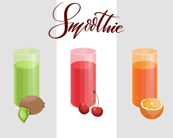 Detox drink Concept, Ställ vegetabiliska smoothies. Naturlig, ekologisk hälsosam juice i glaset. — Stock vektor