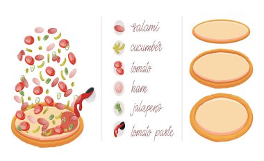 İtalyan pizzası ve malzemeleri. Bir kafe veya restoran için farklı dolgu ile kendi pizza inşa. İtalyan yemek menüsü tasarım şablonu.