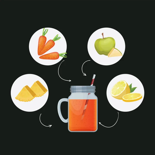 Desintoxicación limpia el concepto de bebida, batido de verduras rojas. Mezcla de zanahoria, manzana, lima y piña aislada sobre fondo negro . — Archivo Imágenes Vectoriales