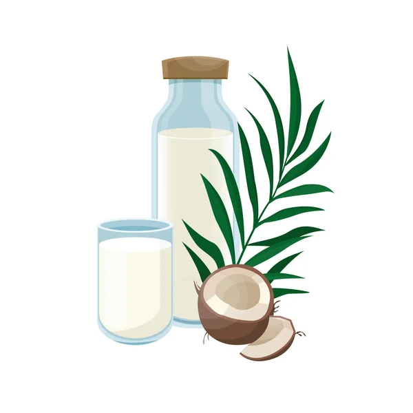 Kokosmilch in einer Glasflasche. Gesunder Lebensstil. — Stockvektor