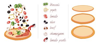 Pizza brokoli, sığır eti, mantar, biber, domates, zeytin ve domates salçası gibi farklı sebzeler ile ayarlayın. Bir kafe veya restoran için farklı dolgu ile kendi pizza inşa.