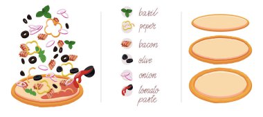 Fesleğen, biber, pastırma, zeytin, soğan ve domates salçası gibi farklı sebzeler ile pizza seti.