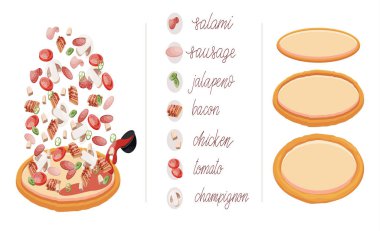 İtalyan pizzası ve malzemeleri. Bir kafe veya restoran için farklı dolgu ile kendi pizza inşa. İtalyan yemek menüsü tasarım şablonu.