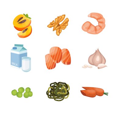 Hurma, ceviz, karides, yosun, somon, süt, sarımsak, bezelye ve havuç gibi iyot içeren sağlıklı meyve, sebze, et, balık ve süt ürünleri grupları. Vitaminler ve Mineraller.