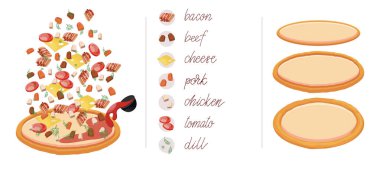 İtalyan pizzası ve malzemeleri. Bir kafe veya restoran için farklı dolgu ile kendi pizza inşa. İtalyan yemek menüsü tasarım şablonu.