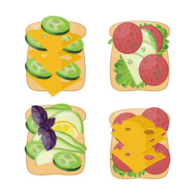 Farklı malzemelerle sandviç düz vektör seti. Sandviç jambon ve avokado, peynir ve salatalık, avokado ve fesleğen, salam ve peynir tost üzerine. Vektör çizimi.