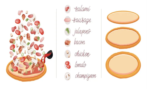 イタリアンピザと食材。カフェやレストランのための異なる充填で独自のピザを構築します。イタリア料理メニューデザインテンプレート. — ストックベクタ