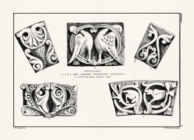 Ortaçağ İngiliz süslemeleri ve dekoratif taş oyma mimari ayrıntıları. Antika baskı, 19. yüzyıl..