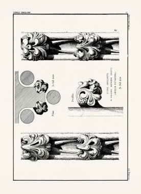 Ortaçağ İngiliz süslemeleri ve dekoratif taş oyma mimari ayrıntıları. Antika baskı, 19. yüzyıl..