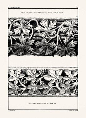 Ortaçağ İngiliz süslemeleri ve dekoratif taş oyma mimari ayrıntıları. Antika baskı, 19. yüzyıl..