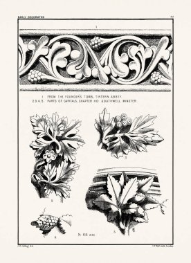 Ortaçağ İngiliz süslemeleri ve dekoratif taş oyma mimari ayrıntıları. Antika baskı, 19. yüzyıl..