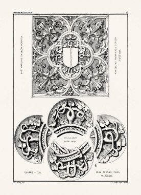 Ortaçağ İngiliz süslemeleri ve dekoratif taş oyma mimari ayrıntıları. Antika baskı, 19. yüzyıl..