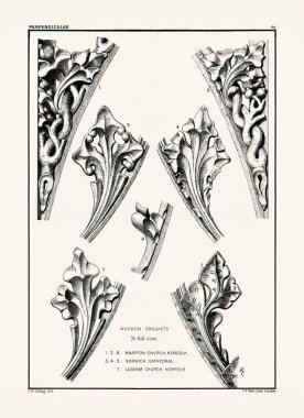 Ortaçağ İngiliz süslemeleri ve dekoratif taş oyma mimari ayrıntıları. Antika baskı, 19. yüzyıl..