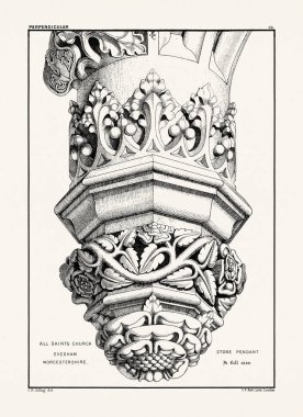 Ortaçağ İngiliz süslemeleri ve dekoratif taş oyma mimari ayrıntıları. Antika baskı, 19. yüzyıl..