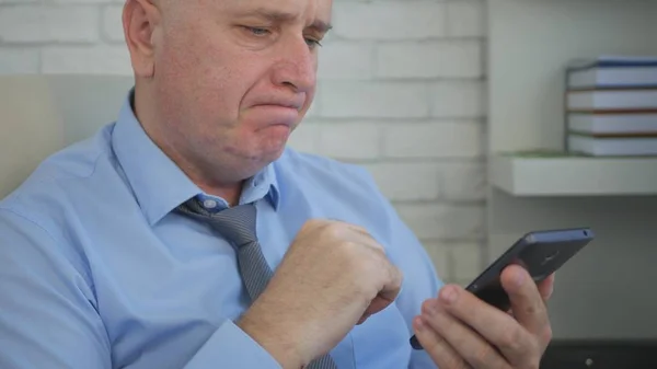 Concerned Businessman Image Office Room Using Mobile Phone — Stock Photo, Image