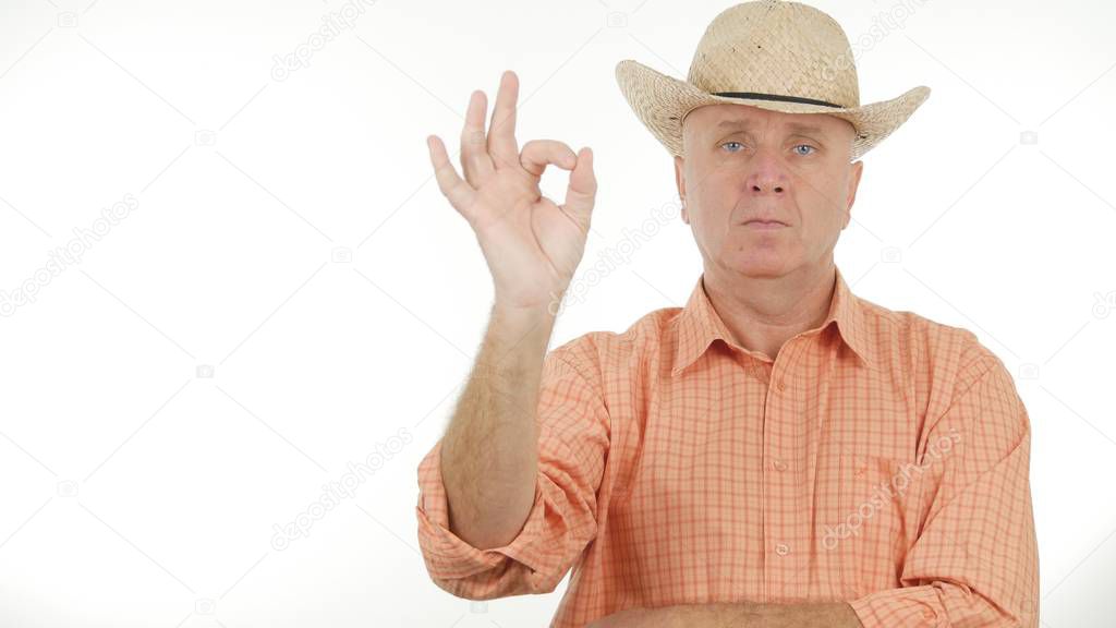 Serious Farmer Make OK Hand Gesture a Good Job Sign