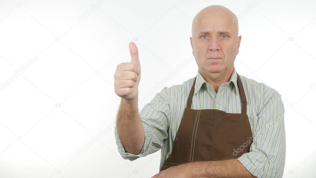 Man Wearing Kitchen Apron Thumbs Up Good Job