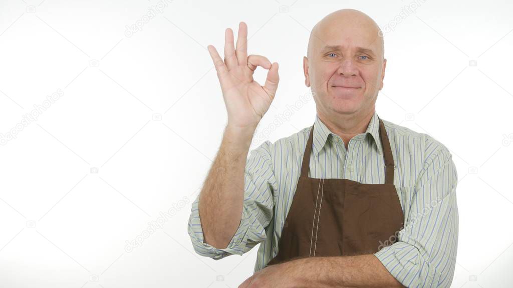 Happy Man Wearing Kitchen Apron Make Good Job Sign OK Gestures