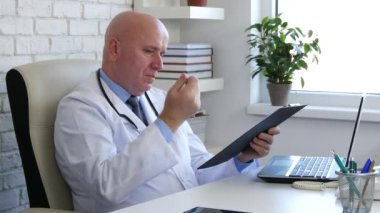 Doktor hastane etkinliği okuma ve kabin odasında tam tıbbi testler