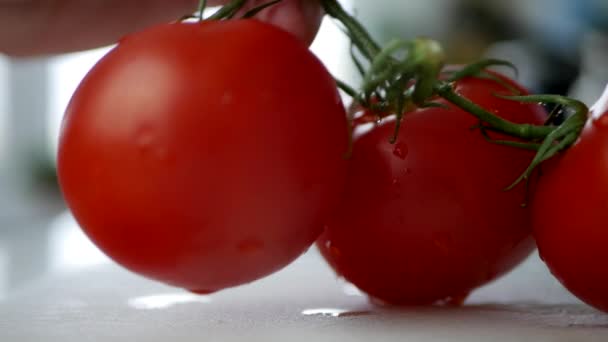 Röda Och Färska Tomater Köksbordet Förberedd För Sallad — Stockvideo