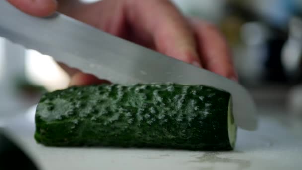 Man Kitchen Cutting Cucumber Slices Fresh Salad — Stock Video