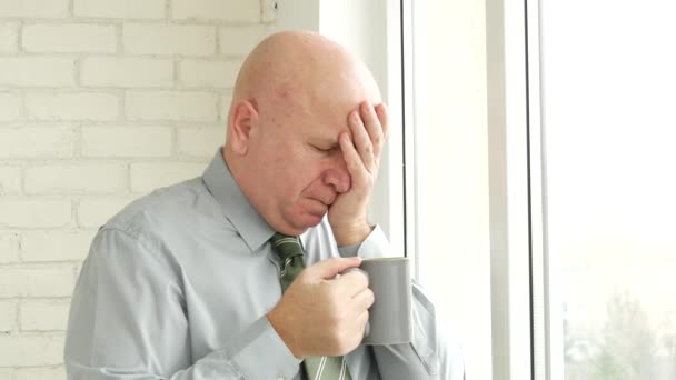 Man Drinking Coffee Looking Disappointed Window Thinking Bad New — Stock Video