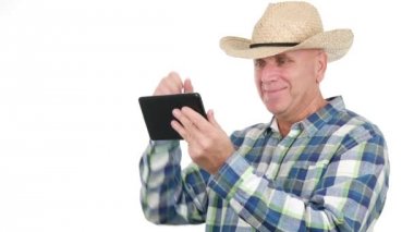 Çiftçi okunur Tablet Online bilgi yapmak hevesli kazanan el hareketleri