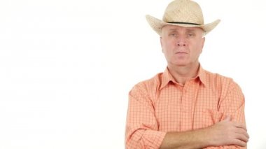 Kendine güvenen çiftçi Tv sunuda bir karşılama Merhaba el hareketleri yapmak