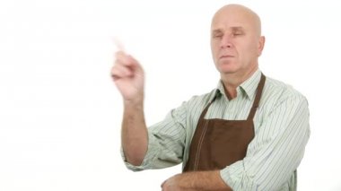 Önlük ile eli yüzü düzgün adam yapmak Hayır parmak işaret bir uyarı ve eylem onaylamayan