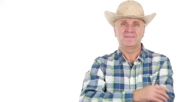 Farmer Smile Pleased Make Negation Hand Gestures Aviso Sobre Perigo — Vídeo de Stock