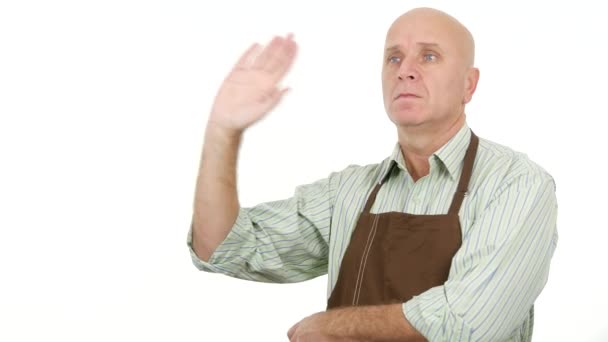 Worker Wearing Apron Presentation Salute Welcome Hand Gestures — Stock Video