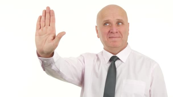 Vertrouwen Zakenman Waarschuwing Met Stop Hand Gebaren Teken Middelen Geen — Stockvideo