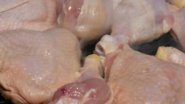 Ωμό Κοτόπουλο Ζουμερό Και Φρέσκο Κρέας Στη Σχάρα Νόστιμη Πλήρη — Αρχείο Βίντεο