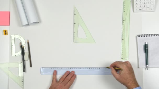 Planes Dibujo Trabajos Arquitecto Vista Superior Papel Blanco Con Lápiz — Vídeo de stock