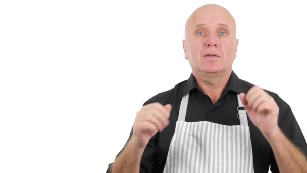 Man Wearing Apron Talk Gesturing Confident Business Interview — Stock Video