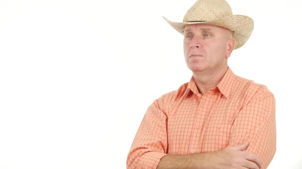 Serious Confiding Farmer Cowboy Hat Thumbs Hand Gestures Agree Sign — Stock Video