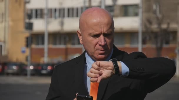 Slow Motion Worried Businessman Wait Meeting Check Wristwatch Cellphone — Stock Video