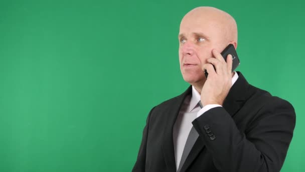 Imprenditore entusiasta fare gesti vincitore parlare con cellulare e gesticolando felice — Video Stock