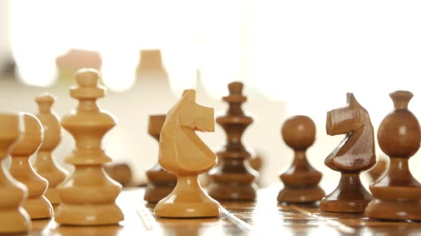 Extreme Close Up Image with Chess Game Pieces Moved on the Board by Player Hand — Stock Video