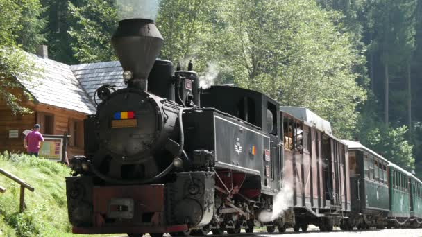 Starý vlak s parní stroj v železniční stanici čeká turisty na výlet — Stock video