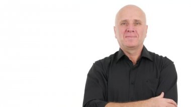 İşadamı gülümseme ve yapmak Ok işareti hevesli el hareketleri memnun (Ultra High Definition, Ultrahd, Ultra Hd, Uhd, 4k, 3840 x 2160)