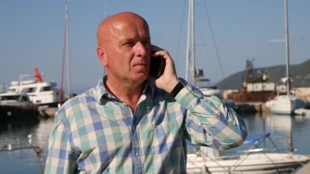 Glada affärsman talar till Cellphone i hamnen förklarar och gestikulerande (Ultra High Definition, Ultrahd, Ultra Hd eller Uhd, 4k, 3840 x 2160) — Stockvideo