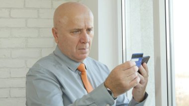 Smartphone kullanarak kredi kartı bilgileri ile online alışveriş ödeyerek iş adamı