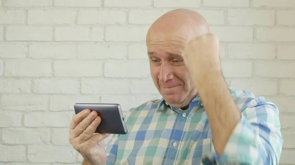 Happy Businessman Make Enthusiastic Winner Gestures Reading Good News on Mobile — Stock Photo, Image